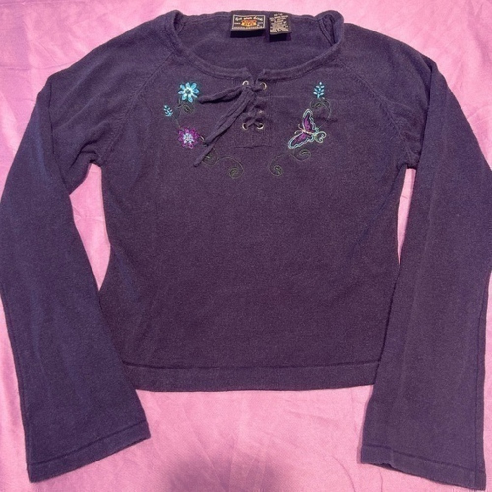 Route 66 Navy Butterfly Embroidered Cropped Sweater